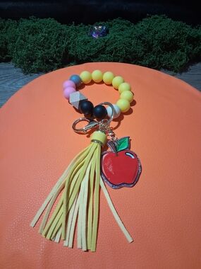 Yellow Beaded Apple Tassel Wristlet Keychain